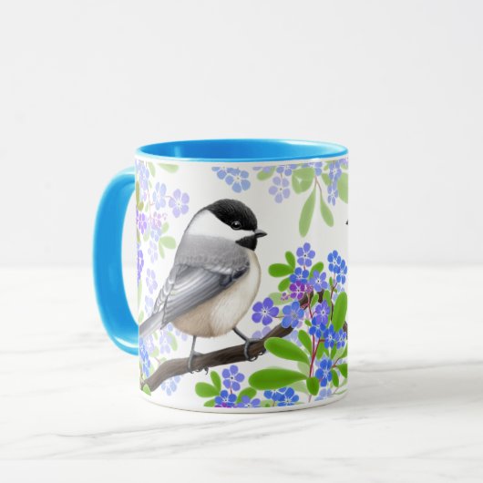 Chickadezen in Vergeet me niet Mok bloemen (Voorkant links)