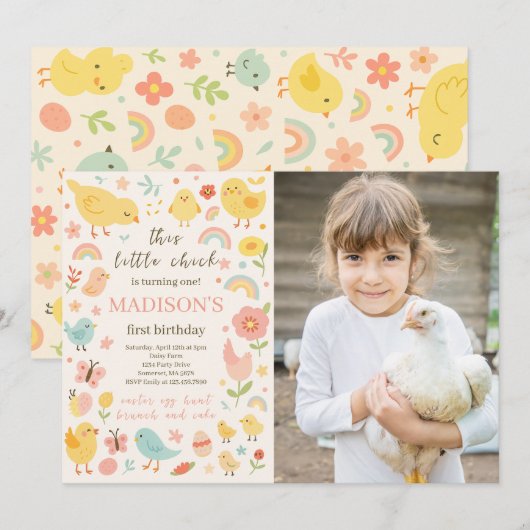 Chicken 1st Birthday Party Fotouitnodiging Kaart (Voorkant / Achterkant)