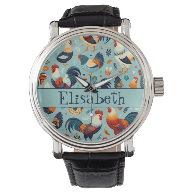 Chicken and Rooster Design Personaliseren Horloge (Voorkant)