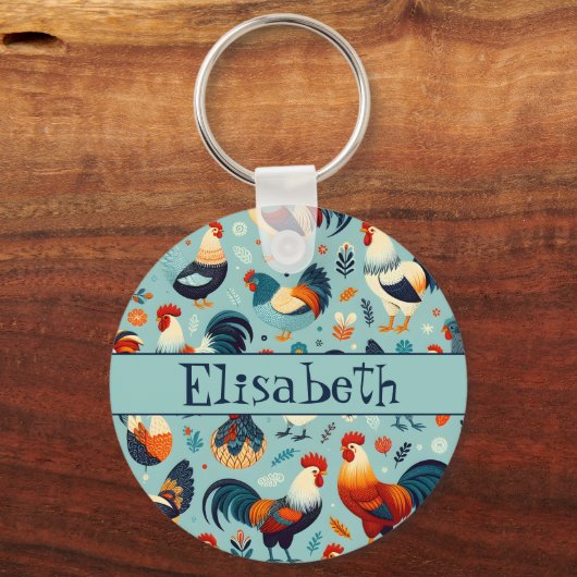 Chicken and Rooster Design Personaliseren Sleutelhanger (Voorkant)
