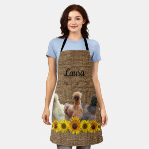 Chicken Apron Jouw naam Silkies Sunflower Burlap Schort