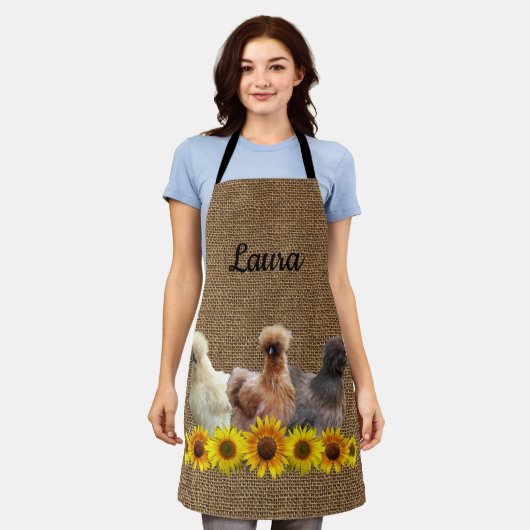 Chicken Apron Jouw naam Silkies Sunflower Burlap Schort (Gedragen)