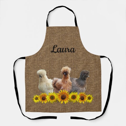 Chicken Apron Jouw naam Silkies Sunflower Burlap Schort (Voorkant)