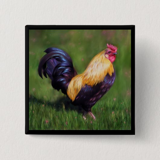 Chicken Art Stuart Bantam Rooster Vierkante Button 5,1 Cm (Voorkant)