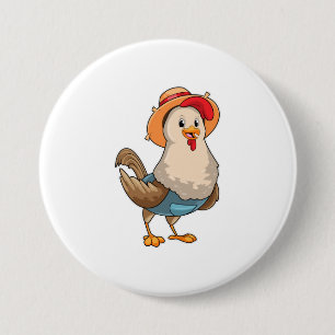 Chicken as Farmer with Hat Ronde Button 7,6 Cm