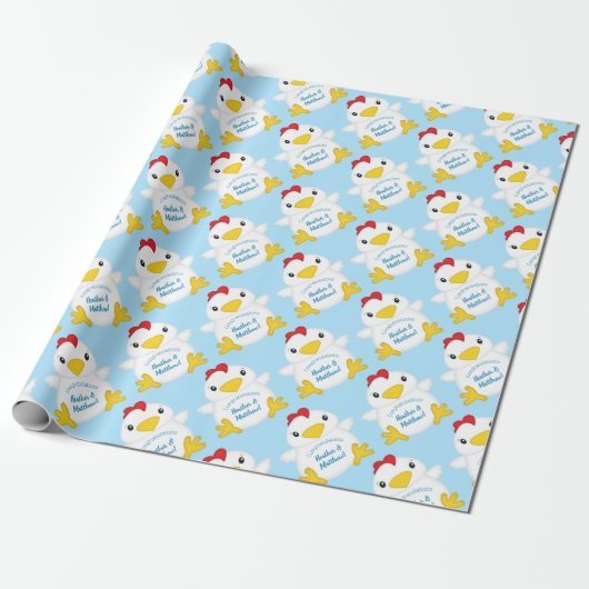 Chicken Baby shower Blue Boy Cadeaupapier (Uitgerold)