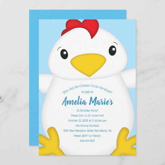 Chicken Birthday Party Blue Kaart (Voorkant / Achterkant)