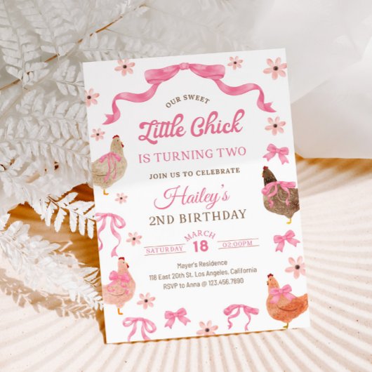 Chicken & Bow Birthday Invitation Kaart