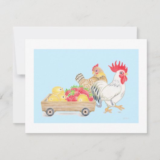 Chicken Chicks Family Strawberries Blue Flat  Card Bedankkaart (Voorkant)