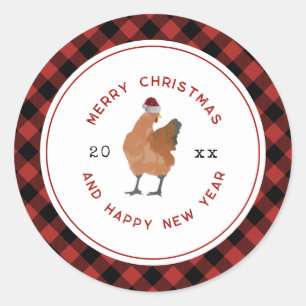 Chicken Christmas Plaid Ronde Sticker