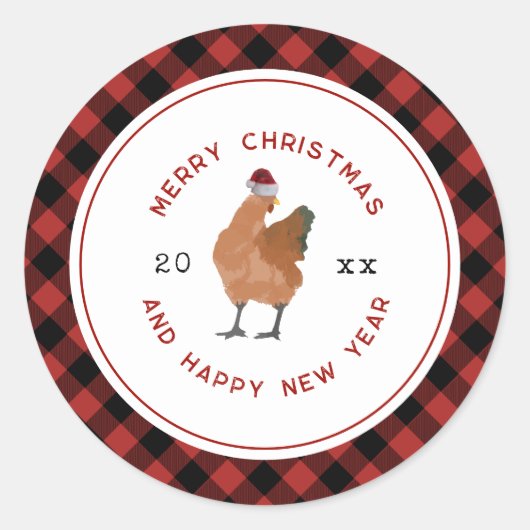 Chicken Christmas Plaid Ronde Sticker (Voorkant)