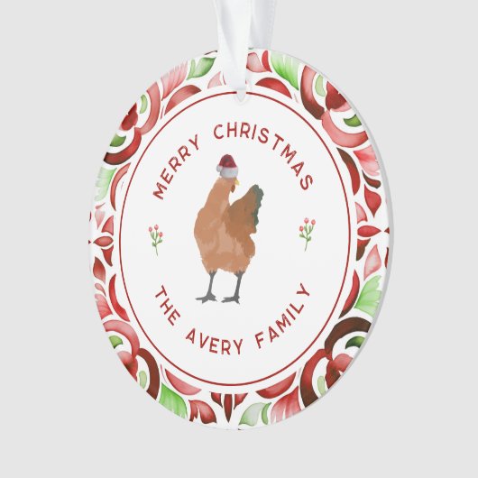Chicken Christmas Rode & Groene Waterverf Ornament (voorkant)