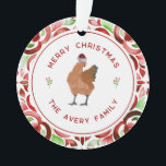Chicken Christmas Rode & Groene Waterverf Ornament<br><div class="desc">Illustratie van een kip met een kerstmuts omringd door "Vrolijk kerstfeest" met familienaam gebogen tekst en heilige bessen over een witte cirkel met rode rand. Achtergrond is rood en groen waterverf geïnspireerd patroon.</div>