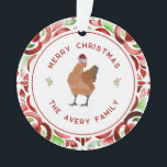 Chicken Christmas Rode & Groene Waterverf Ornament<br><div class="desc">Illustratie van een kip met een kerstmuts omringd door "Vrolijk kerstfeest" met familienaam gebogen tekst en heilige bessen over een witte cirkel met rode rand. Achtergrond is rood en groen waterverf geïnspireerd patroon.</div>