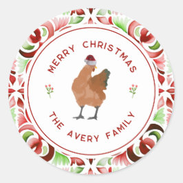 Chicken Christmas Rode & Groene Waterverf Ronde Sticker