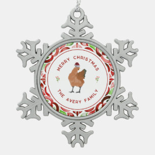 Chicken Christmas Rode & Groene Waterverf Tin Sneeuwvlok Ornament