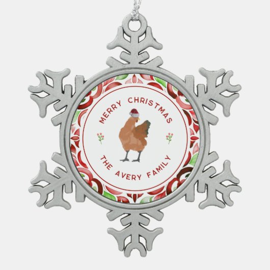 Chicken Christmas Rode & Groene Waterverf Tin Sneeuwvlok Ornament (Voorkant)