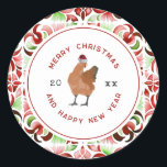 Chicken Christmas-Waterverf Ronde Sticker<br><div class="desc">Illustratie van een kip met een kerstmuts. Rand is rood en groen waterverf bloemmotief tegel ontwerp.</div>