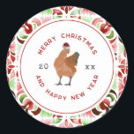 Chicken Christmas-Waterverf Ronde Sticker<br><div class="desc">Illustratie van een kip met een kerstmuts. Rand is rood en groen waterverf bloemmotief tegel ontwerp.</div>