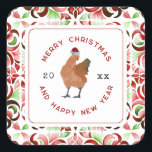 Chicken Christmas-Waterverf Vierkante Sticker<br><div class="desc">Illustratie van een kip met een kerstmuts. Rand is rood en groen waterverf bloemmotief tegel ontwerp.</div>