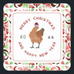Chicken Christmas-Waterverf Vierkante Sticker<br><div class="desc">Illustratie van een kip met een kerstmuts. Rand is rood en groen waterverf bloemmotief tegel ontwerp.</div>