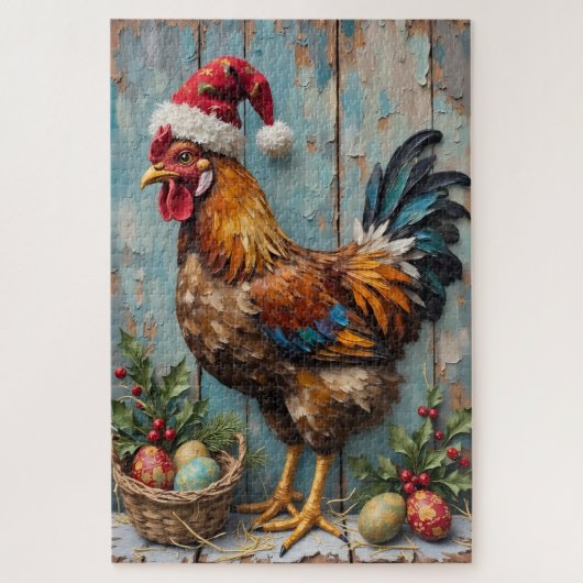 Chicken Guarding Christmas Eggs Rustic Hat Legpuzzel (Verticaal)