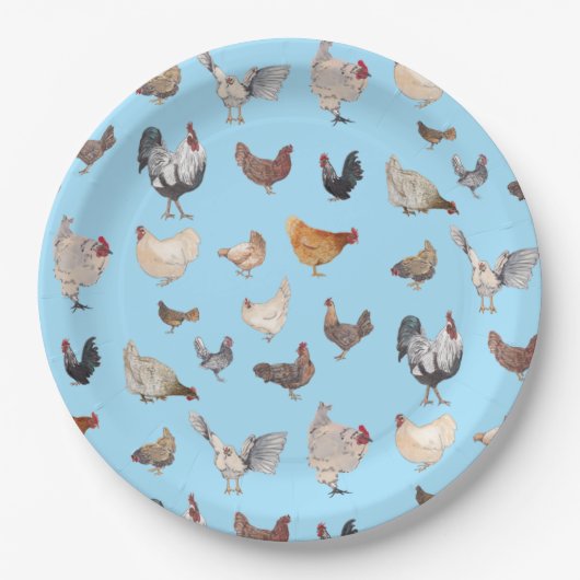 Chicken Happy patroon op Blauw Papieren Bordje (Voorkant)