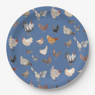 Chicken Happy-patroon op Denim Blue Papieren Bordje