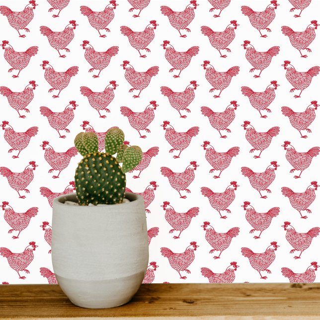 Chicken Hen Boerderij Land Rood Wit Behang (Chicken Hen red and white farmhouse wallpaper)