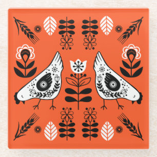 Chicken Hen Folk Art Glazen Onderzetter