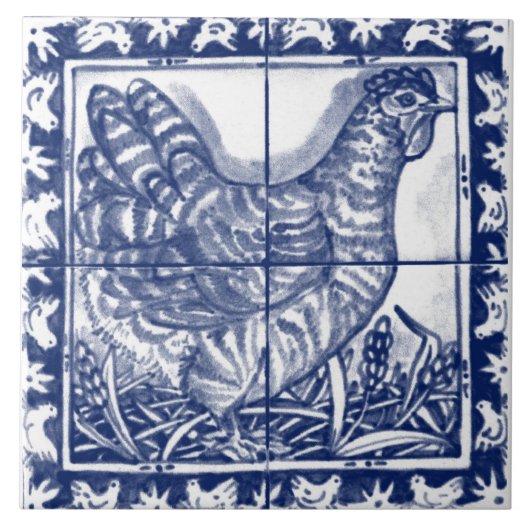 Chicken Hen Rustic Blue White Delft Dedham  Tegeltje (Voorkant)