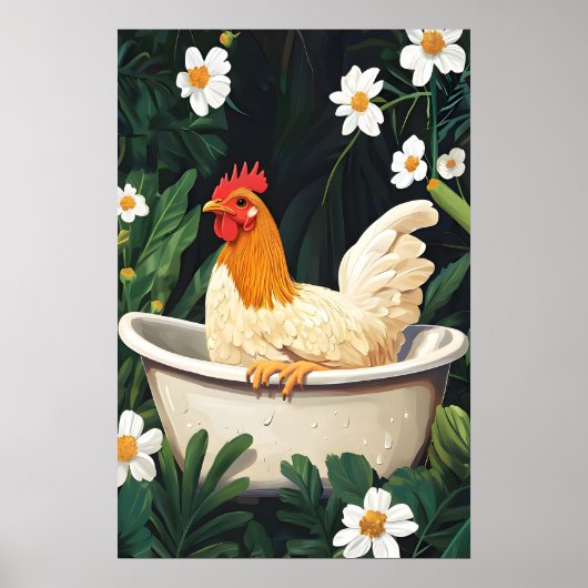 Chicken In Bathtub Poster, Funny Animal Poster (Voorkant)