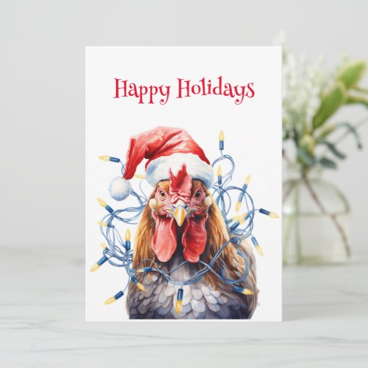 Chicken in Lights Waterverf Kerstvakantie Feestdagenkaart (Staand voorkant)