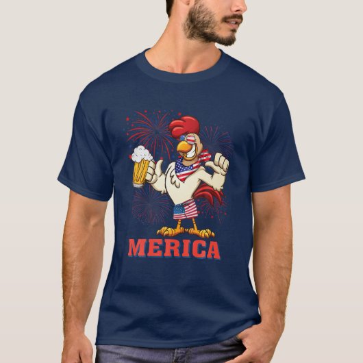 Chicken Merica Vuurwerk 4 juli Zomer Amerika T-shirt (Voorkant)