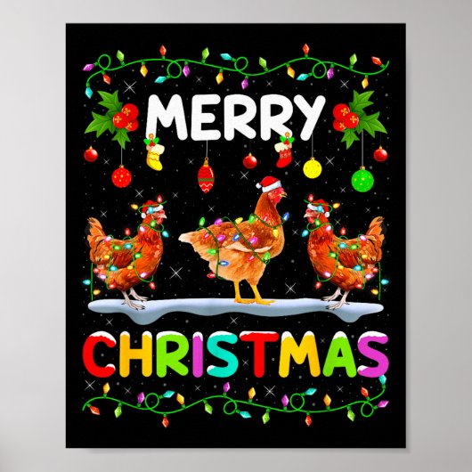 Chicken Merry Christmas Lights Santa Hat Funny Chi Poster (Voorkant)