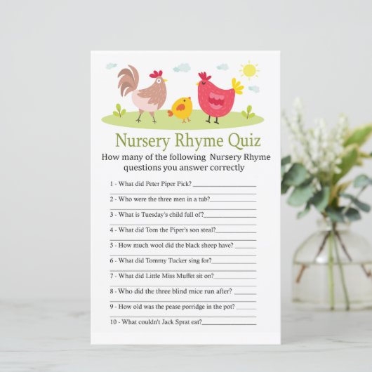 Chicken Nursery Rhyme Quiz baby shower game (Staand voorkant)