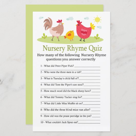 Chicken Nursery Rhyme Quiz baby shower game (Voorkant / Achterkant)
