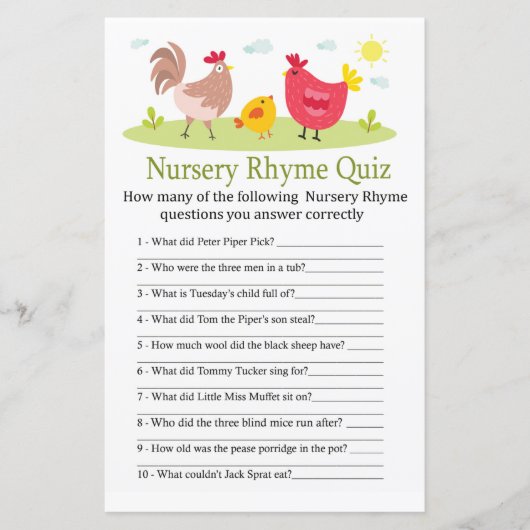 Chicken Nursery Rhyme Quiz baby shower game (Voorkant)