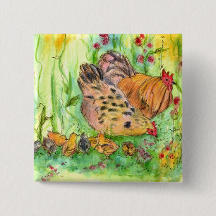 Chicken Painting Haan Hen Birds Waterverf Vierkante Button 5,1 Cm