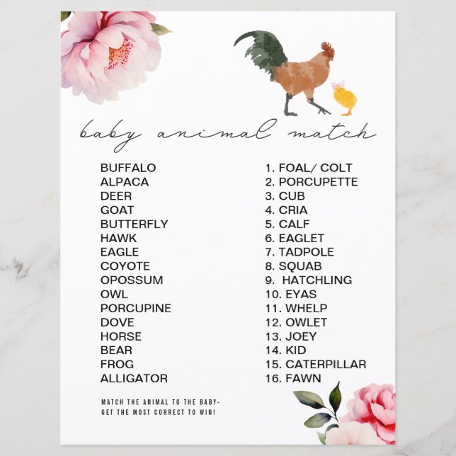 Chicken Pink Floral Baby shower Animal Match spel (Voorkant)