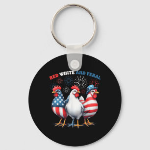 Chicken Red White en Feral Patriotic Rooster 4e Sleutelhanger