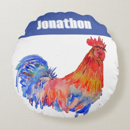 Chicken Rooster Bird Kids Boys Name Blue Red Rond Kussen (Voorkant)