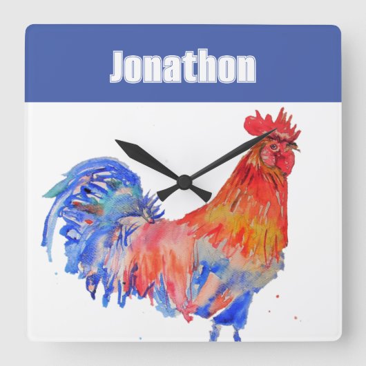 Chicken Rooster Bird Kids Boys Name Notebook Vierkante Klok (Voorkant)