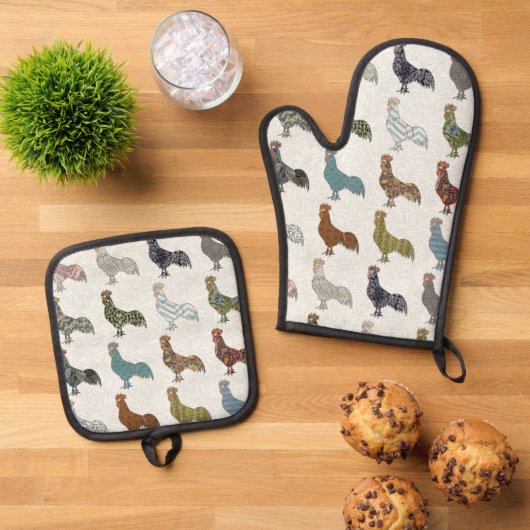 Chicken Rooster Colorful Pattern Boerderij Ovenwant & Pannenlap Set (Top down)