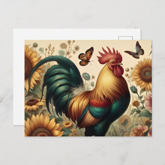 Chicken Rooster Esthetisch en Wildflower Briefkaart (Voorkant / Achterkant)