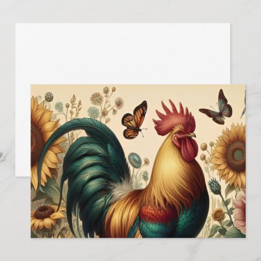 Chicken Rooster Esthetisch en Wildflower Kaart (Voorkant / Achterkant)