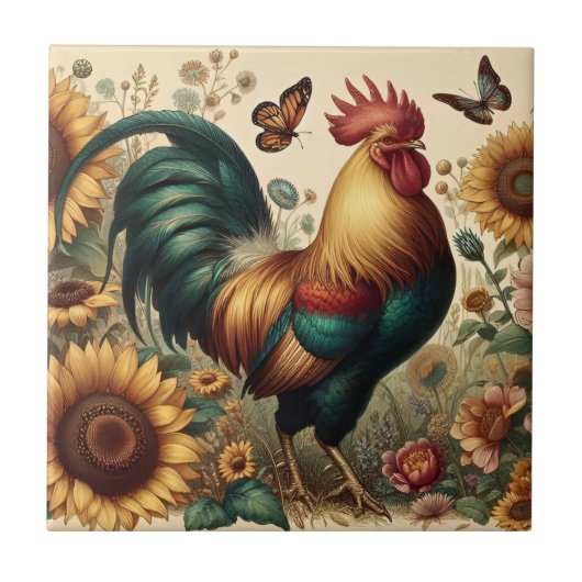  Chicken Rooster Esthetisch en Wildflower Tegeltje (Voorkant)