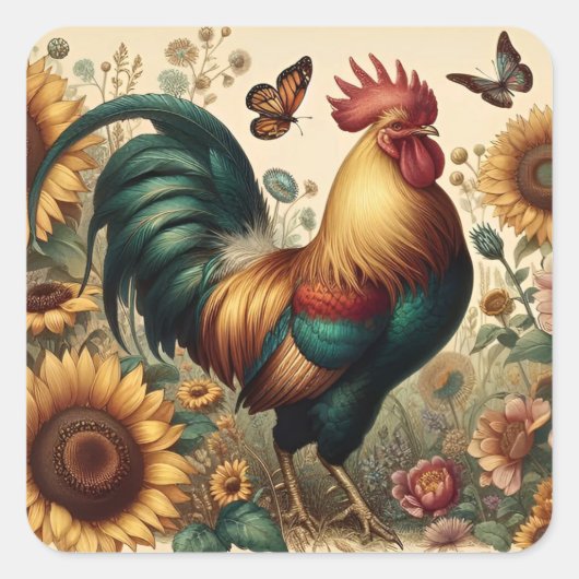  Chicken Rooster Esthetisch en Wildflower Vierkante Sticker (Voorkant)