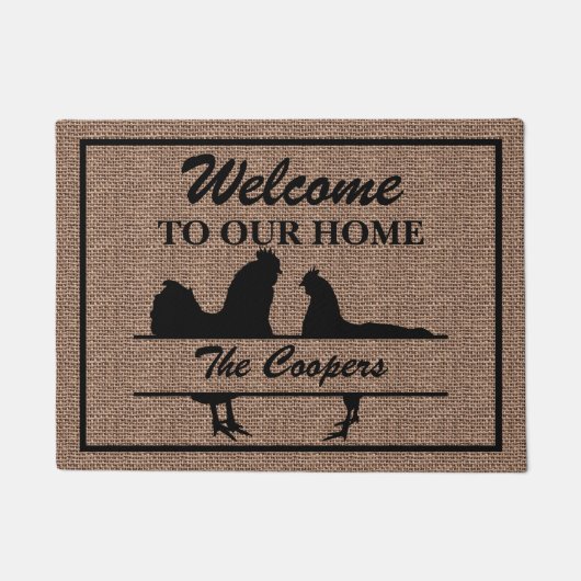 Chicken Rooster Family Split Monogram Burlap Deurmat (Voorkant)