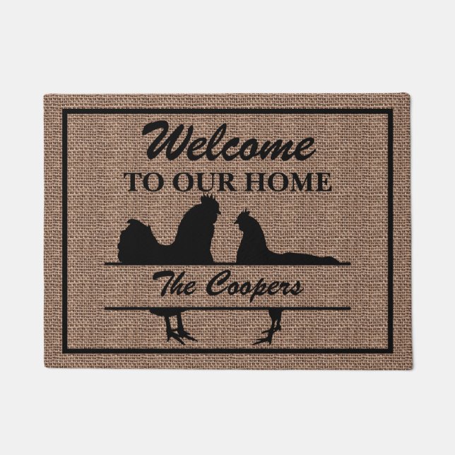Chicken Rooster Family Split Monogram Burlap Deurmat (Voorkant)